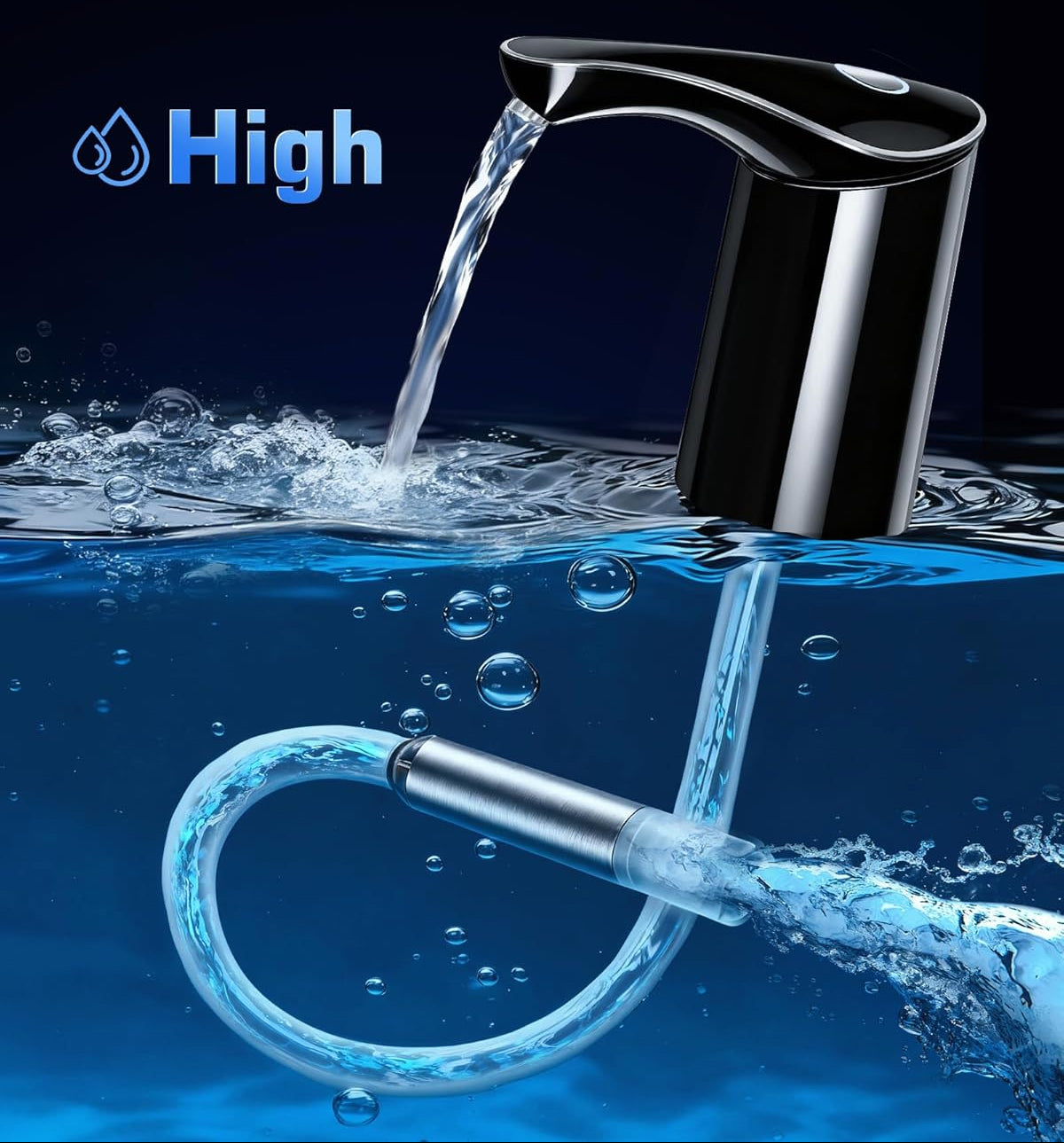 Submersible pump with water output on a blue background